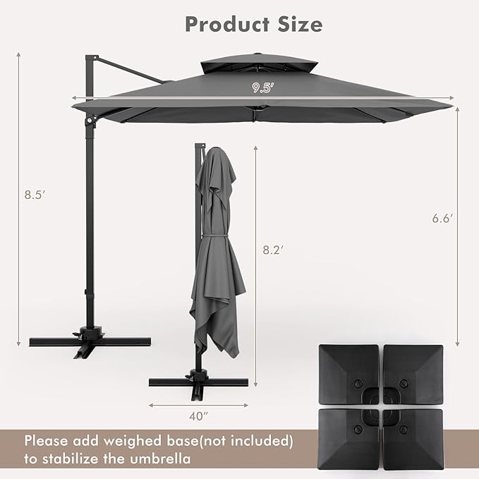 Tangkula 9.5 FT Cantilever Patio Umbrella, Outdoor Square Offset Umbrella with 360°Rotation, Double Top Heavy Duty Patio Hanging Umbrella with Cross Base for Garden Deck Pool Backyard (Grey)