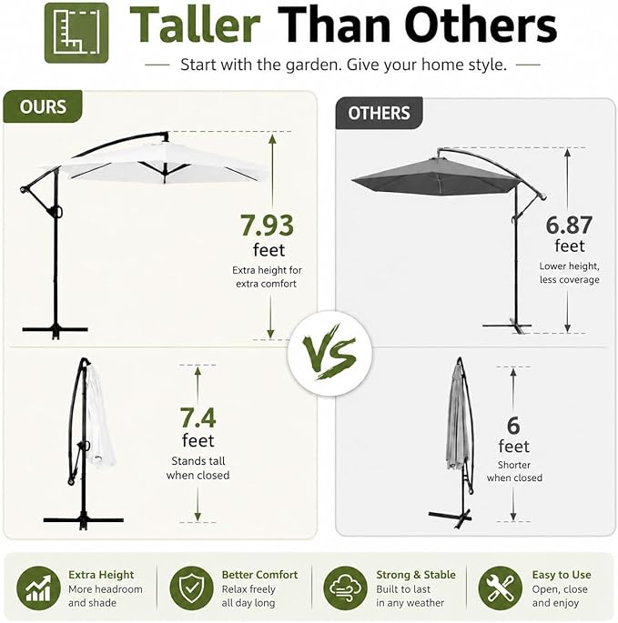 JAMFLY Large 9FT Offset Patio Umbrella with Cantilever Crank & Infinite Tilt, Heavy Duty Outdoor Hanging Umbrella with Cross Base for Backyard, Deck, Poolside