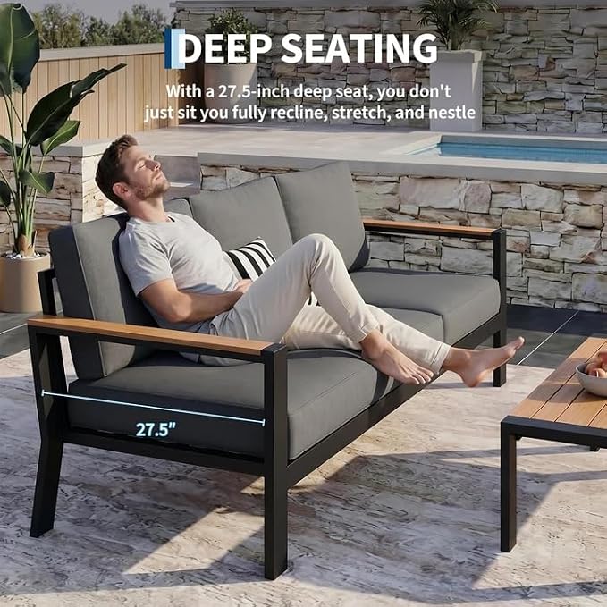Garvee Outdoor Aluminum Patio Furniture 1 Pcs 3-Seat Outdoor Furniture All-Weather Metal Modern Outside Sofa with Washable Thick Cushion for Garden, Balcony, Deck, Backyard, Dark Grey