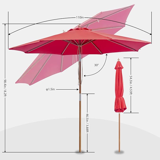 9FT/10FT Bamboo Patio Umbrella, Large Outdoor Umbrella with UPF 50+ Sun Protection, Rope Pulley Lift & Push-Button Tilt, 8-Rib Ventilated Canopy for Garden, Deck, Backyard & Outdoor Dining