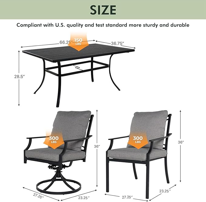 Grand patio Outdoor Patio Dining Set for 6 E-Coated Outdoor Furniture Set 7-Piece with 4 Swivel Dining Chairs & 2 Fixed Dining Chairs &1 Rectangular Dining Table with Umbrella Hole, Grey