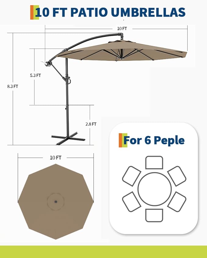 10FT Cantilever Umbrella with Solar Lights, Outdoor Offset Market Umbrella with Infinite Tilt and Cross Base, Outside Patio Umbrellas for Backyard, Lawn, Garden and Pool (Tan)