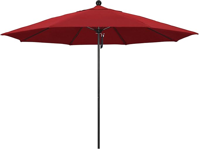 California Umbrella 11Ft Commercial Grade Market Umbrella, Pulley Lift, Aluminum/Fiberglass, 2mm pole wall, Black Frame, Solution Dyed Red Fabric