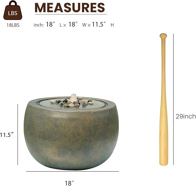 Tankana Garden Water Fountain Outdoor Bubbler Water Feature Indoor with Lights & Pump and Pebbles Waterfall Fountains Concrete Effect for Patio Deck Yard Home Decor Gold, 18 "L x 18" W x 11.5" H