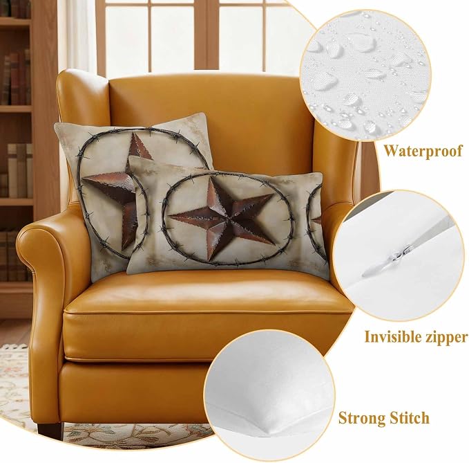 Country Star Retro Waterproof Outdoor Pillow Covers Set of 2 Home Decor, Farmhouse Western Aesthetic Art Pillowcase Patio Pillow Covers for Couch Bench Furniture Garden 16x16in