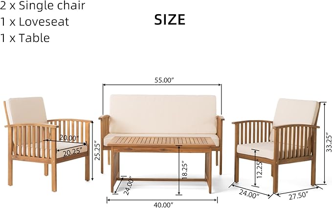 Merax 4 Piece Patio Conversation Table and Chairs Furniture Sets, Acacia Wood Outdoor Dining Couch Sofa for Porch Deck Backyard Lawn Balcony Bistro, Brown