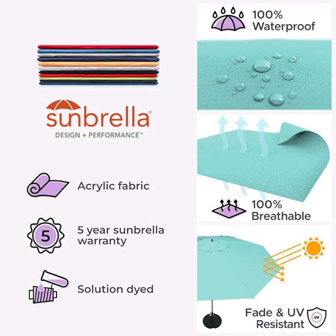 Midtown Umbrellas The Wooden 8 Feet Patio Umbrella With Sunbrella Aruba Acrylic Fabric - Aluminum Frame Market Umbrella For Backyard, Deck, Garden, Pool - Wooden Pole