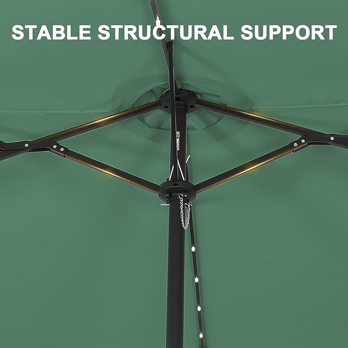 15 ft Patio Umbrella with 48 LED Lights, Large Rectangle Outdoor Solar Umbrella with Matching Base, Strap, Crank, Green
