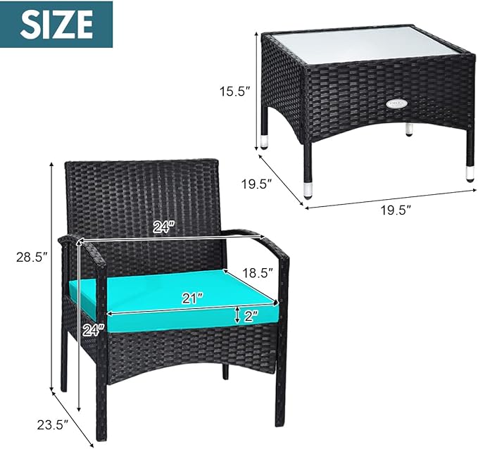 Tangkula 3 Pieces Patio Wicker Rattan Furniture Set, Rattan Chair with Coffee Table, High Load Bearing Chair Conversation Sets for Patio Garden Lawn Backyard Pool