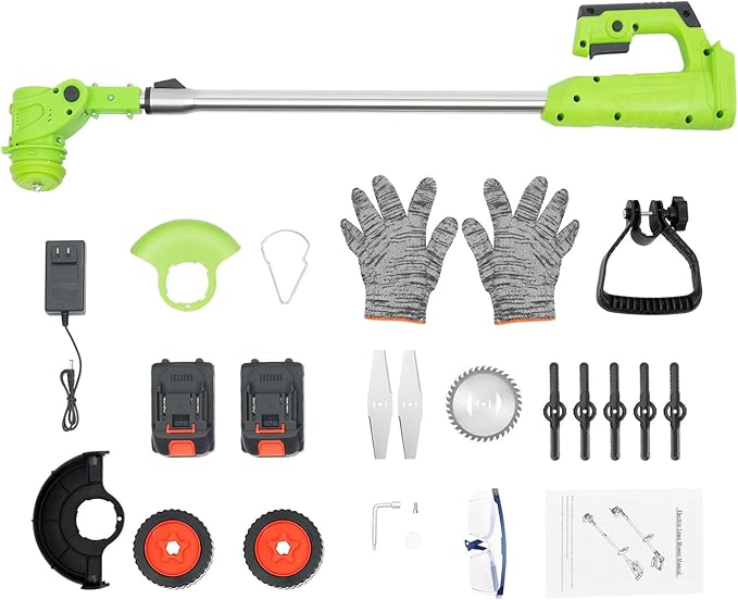 Cordless Weed Wacker Brush Cutter 3 in 1 Battery Powered Weed Eater with Wheels, Stringless Electric Grass Trimmer with 2X 24V 1300mAh Batteries, Adjustable Length & Angle for Lawn Garden