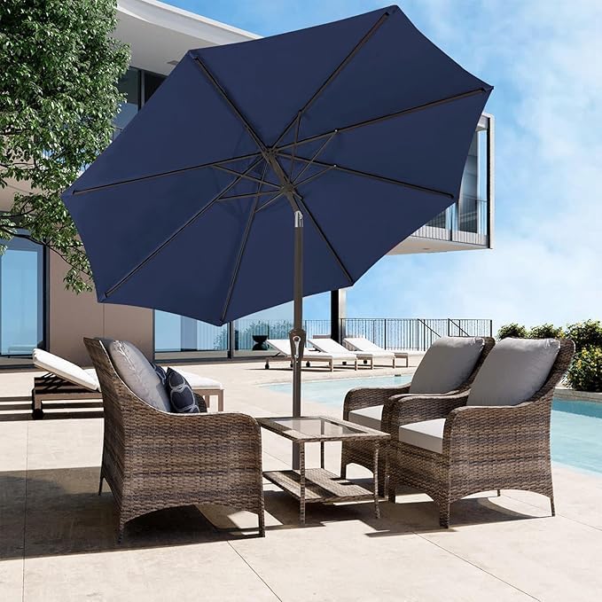 JEAREY Outdoor Patio Umbrella 9FT Outdoor Table Umbrella with Push Button Tilt and Crank, Market Umbrellas 8 Sturdy Ribs UV Protection Waterproof for Garden, Deck, Pool (Purplish Blue)