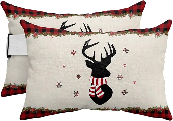 Outdoor Pillows Covers with Inserts Merry Christmas Elk and Snowflakes Waterproof Recliner Pillow with Adjustable Strap Throw Pillows for Patio Furniture Pool Lounge Chair, 12x20 inch, 2PCS