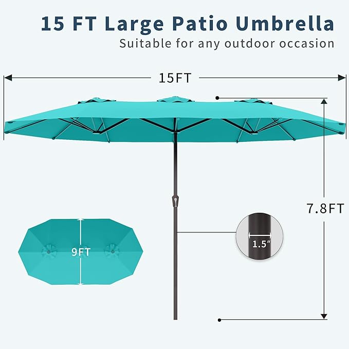 PatioKingdom 15FT Large Patio Umbrella with Base, Double Sided Rectangular Outdoor Umbrella with Sturdy Fiberglass Ribs, Market Umbrella for Pool,Garden,Backyard,Deck (Peacock Blue, 15FT)