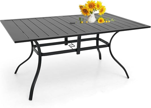 Anmutig Patio Dining Table for 6 Person, Outdoor Metal 63x38 Inch Rectangle Table with 1.57" Umbrella Hole for Garden Lawn Backyard Poolside Parties, Black