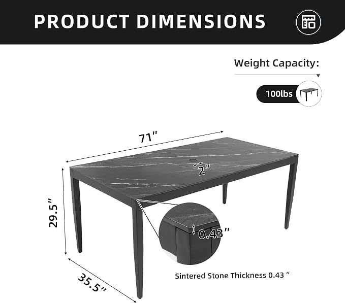 Outdoor Aluminum Marble Dining Table for 6-8, 71” Luxury Patio Table with Black Sintered Stone Top, Post Tapered Legs for Garden, Lawn, Weatherproof & Rust-Free
