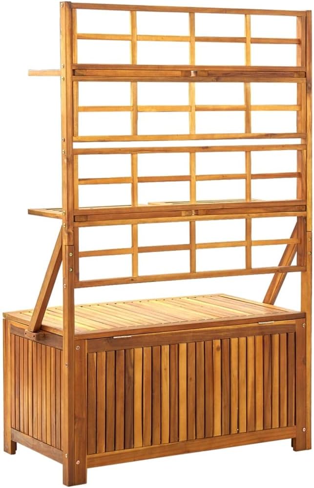 Wooden Storage Box with Trellis, Outdoor Storage Deck Box with Trellis,Patio Cabinet with Inner Bag, Storage Chest, 39"x19.7"x63" Solid Wood Acacia