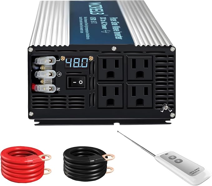 WZRELB 5000W Pure Sine Wave Inverter 48V DC to 110V 120V AC with LED Display,Remote Controller,Off-Grid Power Converter 10000W Surge with 4 AC Outlets, Hardwire Terminal for Home, RV, Truck, Camping