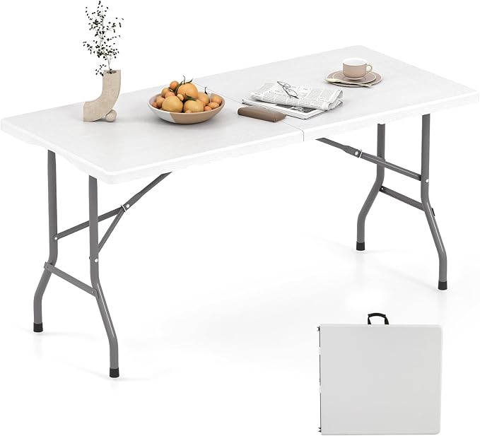 Giantex 5 FT Folding Table, HDPE Foldable Dining Table for 6, Indoor Outdoor Use for Party Banquet Wedding Picnic Camping BBQ, Fold-in-Half Portable Space Saving Design (White)