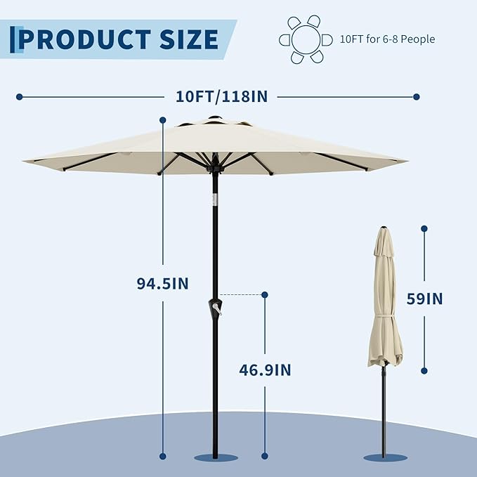 Garvee 10FT Patio Umbrella - Outdoor Table Umbrella with Smooth Crank Lift, Push Button Tilt and 8 Sturdy Ribs - Market Umbrella UV Protection Waterproof for Pool, Deck, Yard, Garden