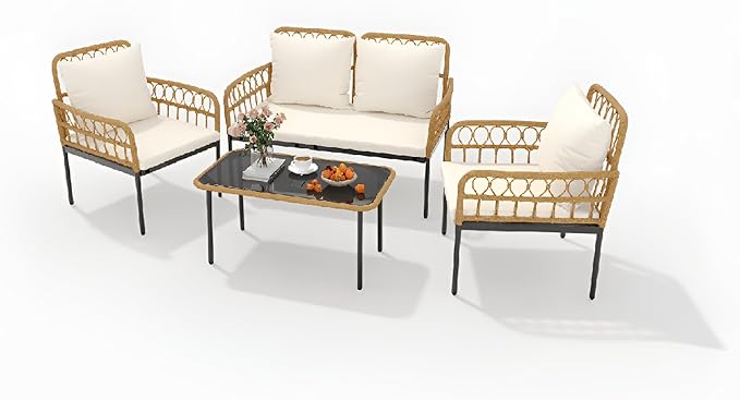 4 Pieces Patio Furniture Set Outdoor Wicker Rattan Bistro Set with Glass Table and Thick Cushions Boho Loveseat Chairs for Balcony Garden Backyard Poolside，Beige