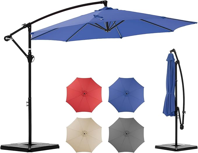 OLIXIS 9.8FT Offset Patio Umbrella with Base, Cantilever Table Umbrellas for Outdoor Sun Shade UV Protection with Easy Tilt Adjustment, 8 Ribs for Backyard, Lawn, Garden, Pool