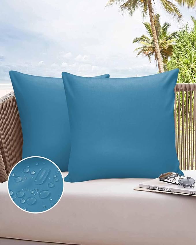 Outdoor Waterproof Throw Pillow Covers 24x24in, Wave Blue Summer Cushions for Garden Patio Furniture Chairs Set of 2, Solid Color Home Decor Couch Sofa Polyester Pillow Cases