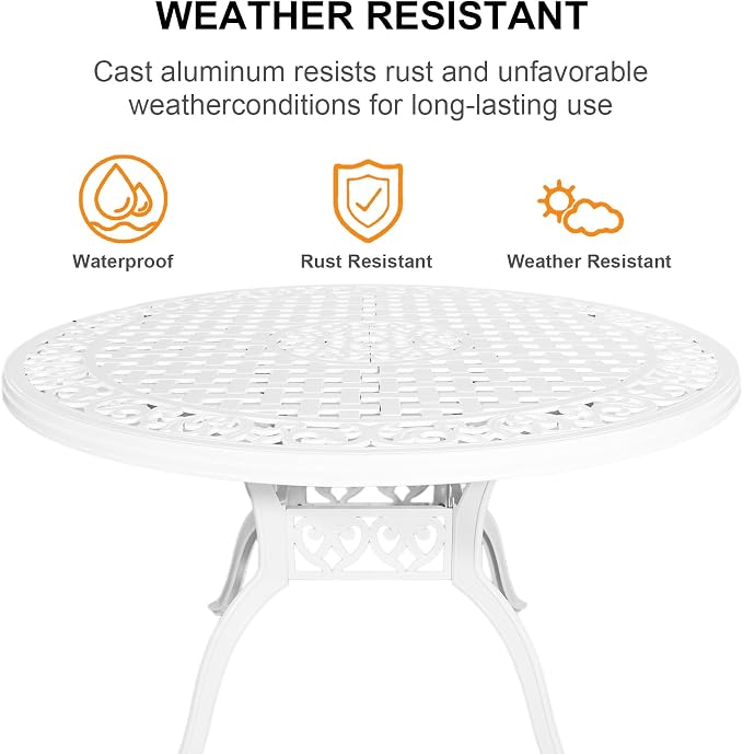 48" Cast Aluminum Outdoor Dining Table,Dining Conversation Side Table, Patio Bistro Table with 2.36" Umbrella Hole for Backyard, Garden, Patio, Porch