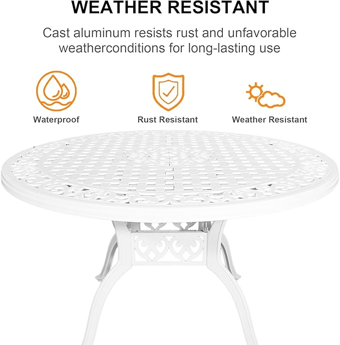 Outdoor Dining Table for 4-6 Person, 48.23" Cast Aluminum Patio Table with 2.36" Umbrella Hole, Outdoor Bistro Table for Backyard, Garden, Patio