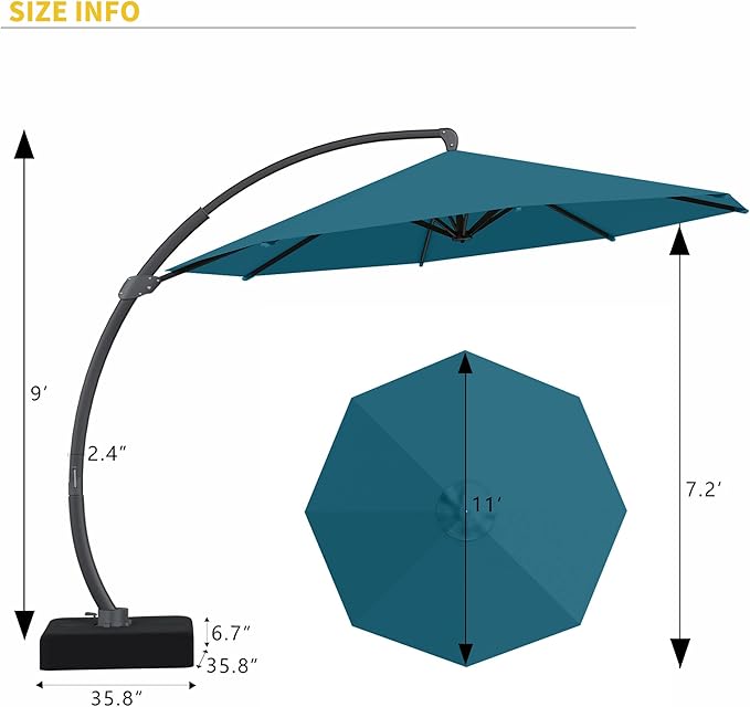 Kingdura 11ft Offset Cantilever Patio Umbrella with Base Included, Large Round Aluminum Outdoor Umbrella, 360° Rotation & Infinite Tilt, Heavy Duty Frame for Deck Pool Backyard, Lake Blue