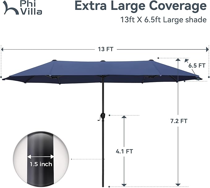 PHI VILLA 13ft Outdoor Market Umbrella Double-Sided Twin Large Patio Umbrella with Crank, Navy Blue
