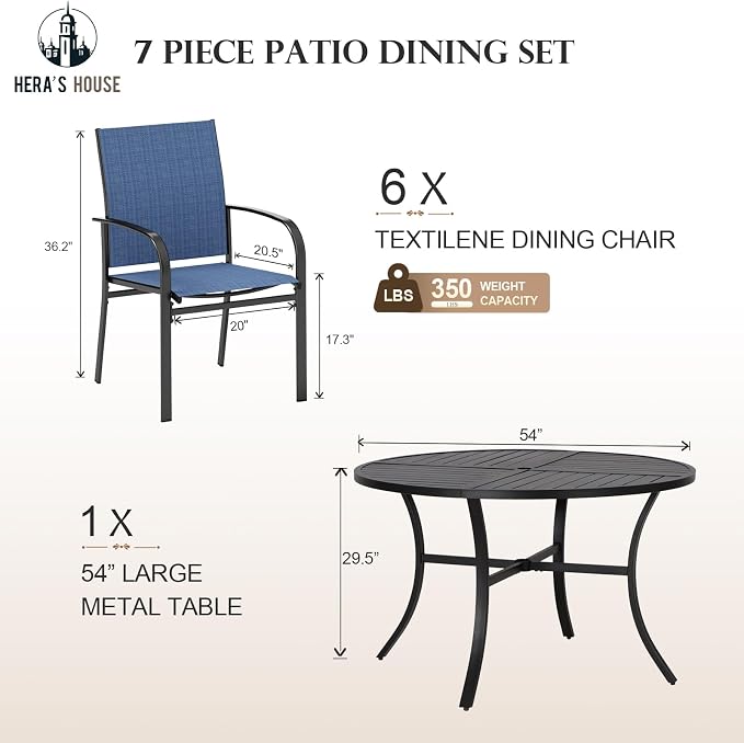 HERA'S HOUSE Outdoor Dining Set for 6, Patio Dining Furniture Set with 6 Patio Chairs, 54" Round Metal Table with Umbrella Hole, Patio Table and Chairs for Backyard Garden, Blue