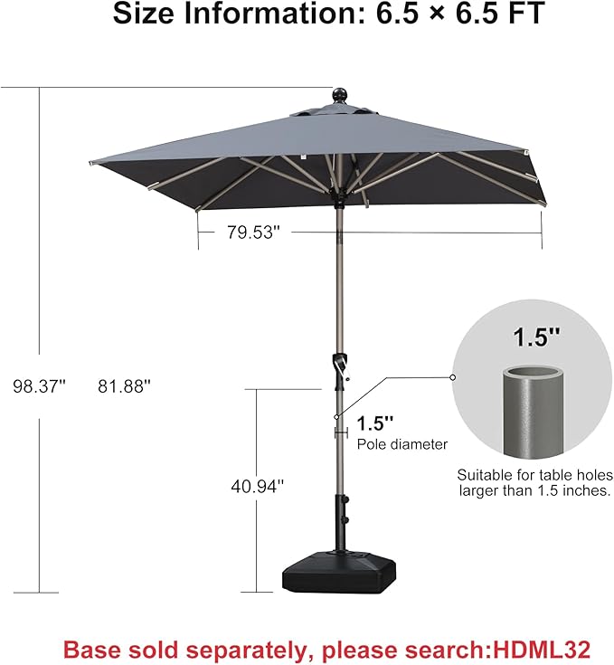 PURPLE LEAF 6.5' x 6.5' Square Patio Umbrella with Tilt Adjustment, Outdoor Table Umbrella Champagne Aluminum Frame, Market Umbrella Pool Umbrella for Deck Garden, Patio, or Poolside