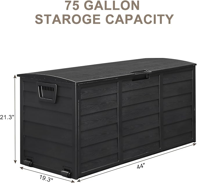 75 Gallon Waterproof Outdoor Deck Box with Wheels, Lockable Resin Patio Storage Container for Cushions, Garden Tools, Pool Accessories and Outdoor Supplies, Black