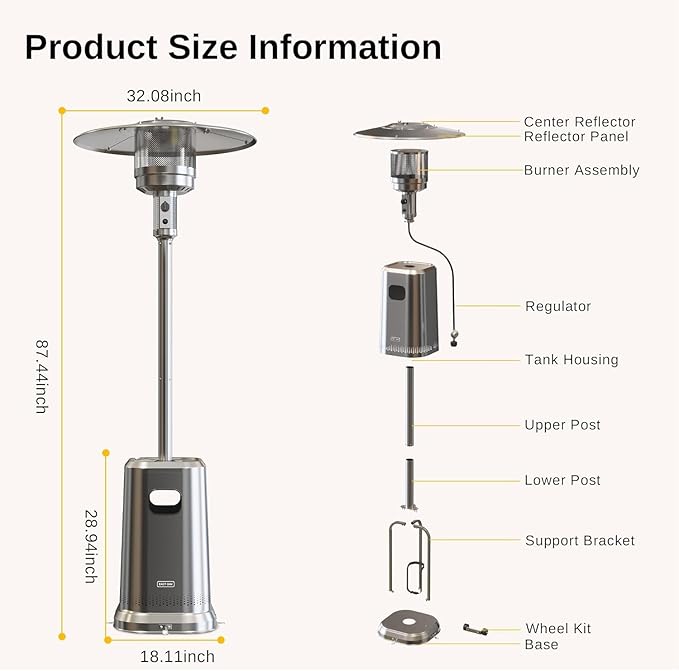 EAST OAK Anti-rust 50,000 BTU Patio Heater for Outdoor Use With Double-Layer Stainless Steel Burner, Table Design and Wheels, Propane Patio Heater for Home and Commercial, Stainless Steel