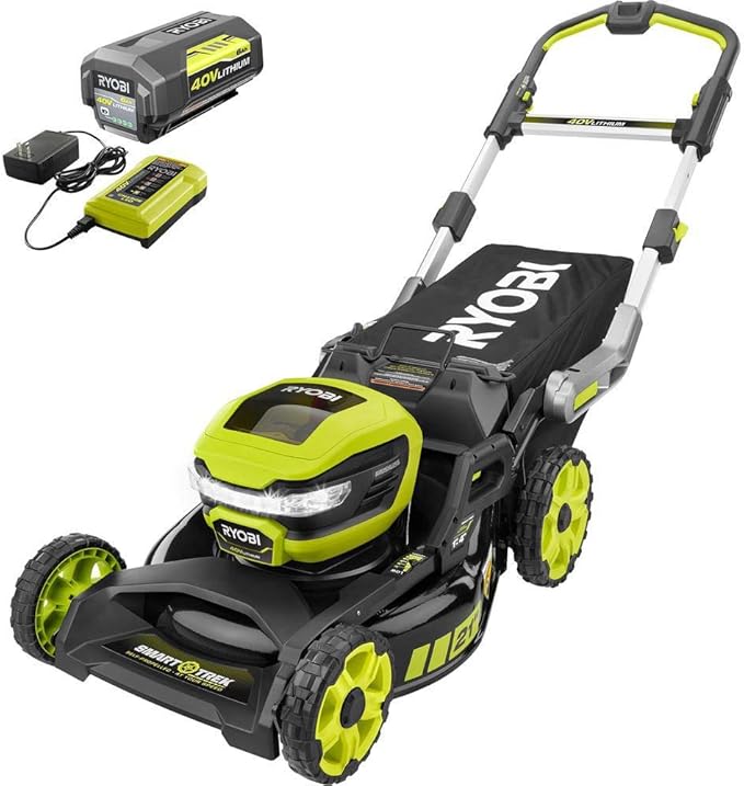 RYOBI RY40LM10-Y 21 in. 40-Volt Brushless Lithium-Ion Cordless Smart Trek Self-Propelled Walk Behind Mower with 6.0Ah Battery and Charger
