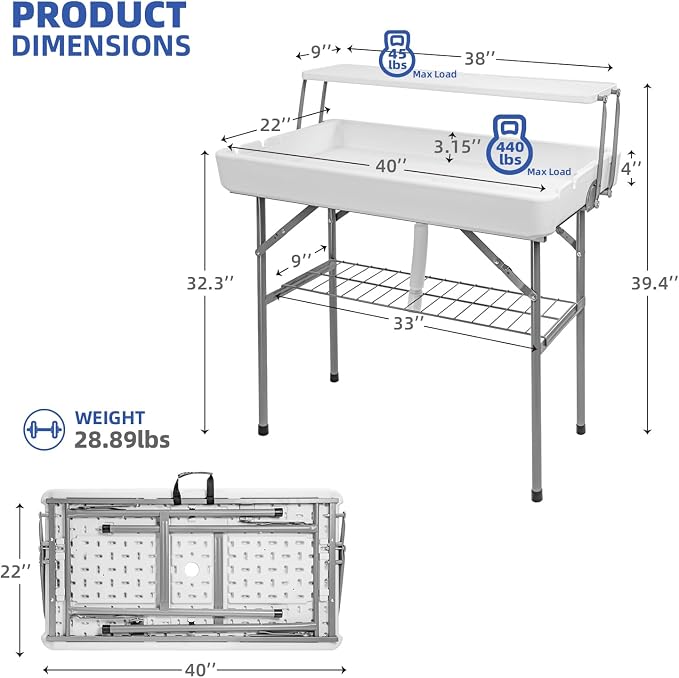 4ft Portable Ice Cooler Folding Table, Dual-Level Design, Built-in Drain, Detachable Skirt, Perfect for Outdoor Parties, Camping, Picnics, Pools, White