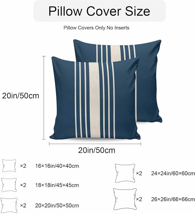 Navy Blue Beige Striped Outdoor Pillow Covers 26x26 Inch Throw Pillow Covers Set of 2 Waterproof Decorative Pillow Cases Modern Farmhouse Retro Lines Cushion Covers for Patio Furniture Garden Couch