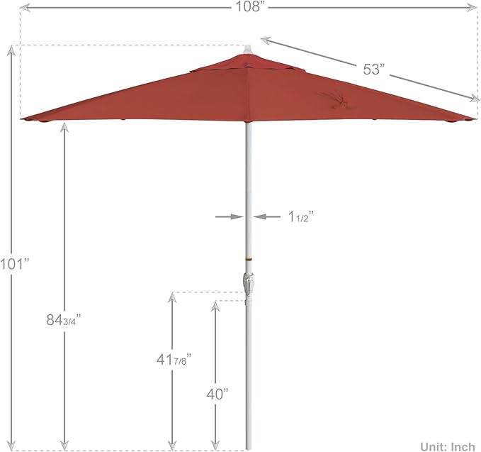California Umbrella 12-Year Protection 9' Rd Aluminum Patio Umbrella, Crank Lift, Auto Tilt, White Finish, Sunbrella Jockey Red