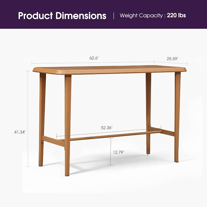 PURPLE LEAF Bar Height Table Patio Retangular Table Dining Coffee Kitchen Breakfast Bistro Outdoor Pub Bar Table for Garden Balcony, Teak