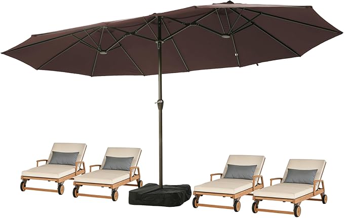 15FT Large Patio Umbrellas with Base Included, Outdoor Double-Sided Rectangle Big Market Umbrella with Stand, Outside Umbrellas for Poolside Lawn Backyard,Brown
