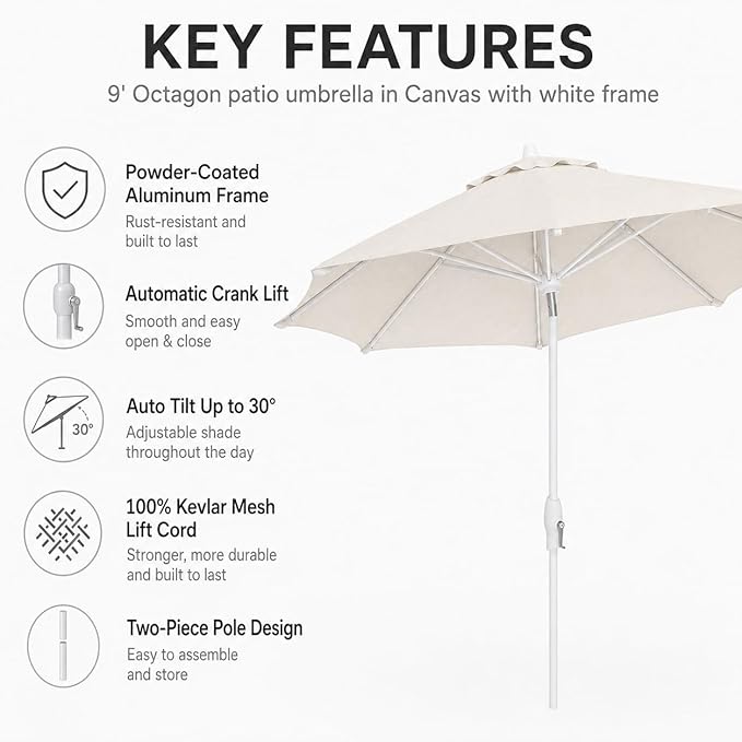 Treasure Garden 9ft Patio Umbrella - Outdoor Furniture Market Umbrella – Deluxe Auto-Tilt – White Aluminum Frame (Sunbrella, Canvas)