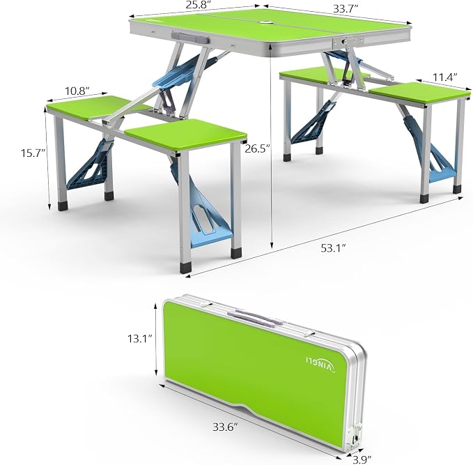 VINGLI 4Ft Portable Folding Picnic Table Camping Table Foldable Set with 4 Seats with Umbrella Hole Suitcase Card Table-220 Lbs Support Aluminum Frame, Plastic RV Tabletop for Yard, Travel-Black