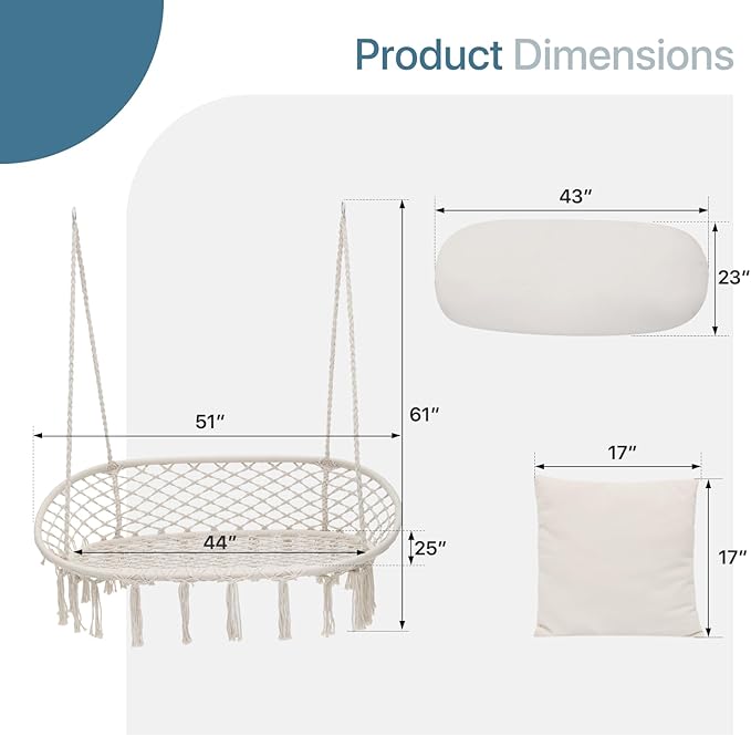 Double Hammock Chair for Indoor & Outdoor Use, Durable Woven Cotton Ropes & Iron Frame, Comfortable Seating for Patio Garden and Porch, 700 lbs Capacity, White