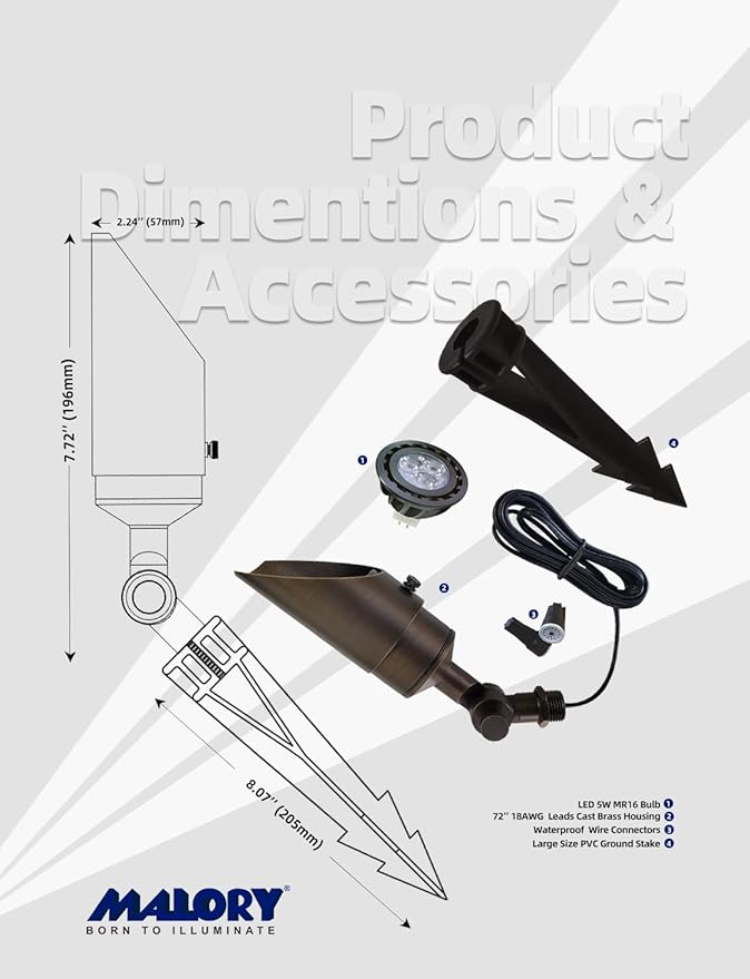 MALORY Brass Landscape Spotlight 10-Pack with MR16 Bulb Kit(S04), Low Voltage 12V AC/DC Shroud Adjustable Outside Yard Lights,PVC Ground Stake and Wire Connector Included, 5W 2700K Warm White