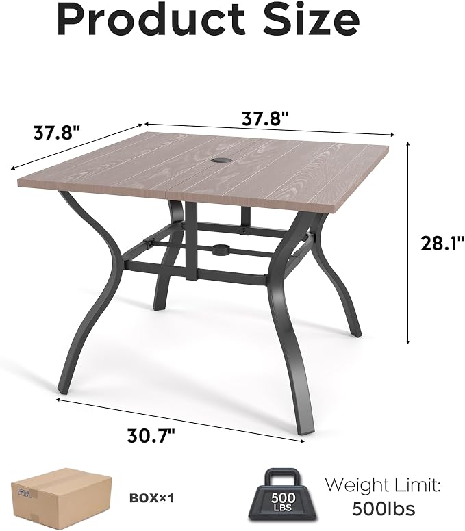 Patio Outdoor Dining Table, Wood-Grain Patio Square Table with Umbrella Hole, All-Weather Metal Dining Table for Party, Lawn & Garden (37.8“ x 37.8”)