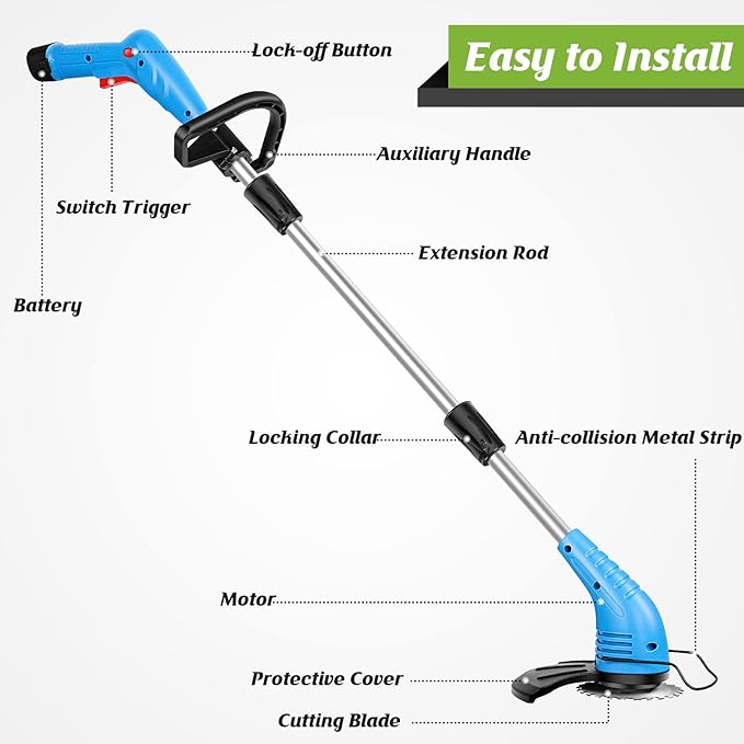 Lipoliftco Weed Wacker Cordless, 12V Battery Powered Lawn Edger, Grass Cutter with 2 * 2000mah Rechargeable Batteries and 3 Types of Blades, Lightweight Electric Mower for Garden and Yard Lawn