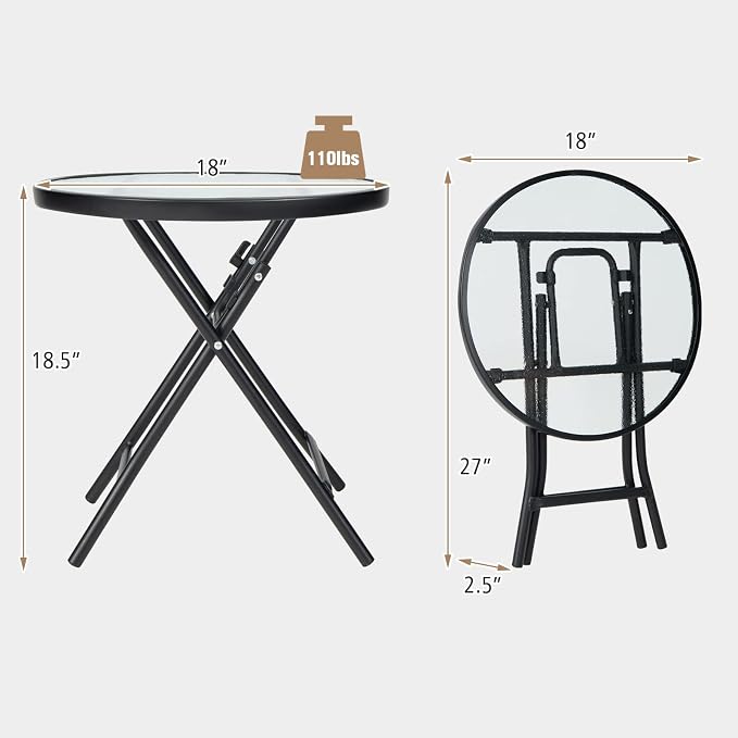 HAPPYGRILL Outdoor Side Table, Folding Small Patio Table with Tempered Glass Tabletop, Steel Frame, Round Outdoor End Table with Anti-Slip Footpads for Balcony Garden Backyard Deck Poolside