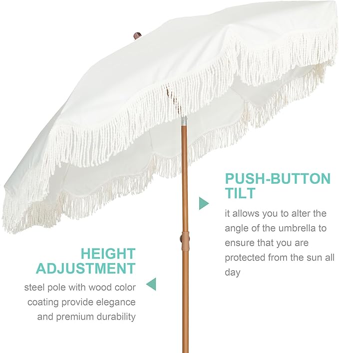 AMMSUN Boho Fringe Umbrella with Beach Blanket, 6.5ft UPF50+ Picnic Umbrella with Tassels with Steel Pole & Push Button Tilt, Antique White