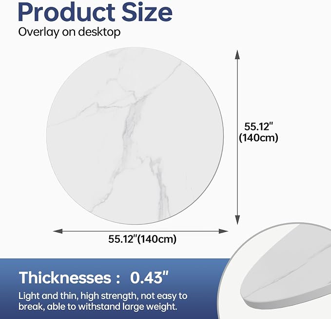 Round Table Top, 55.1” White Sintered Stone Tabletop, DIY Replacement & Cover Marble Desktop, Scratch & Wear Resistant, Easy to Clean, Suitable for Indoor & Outdoor