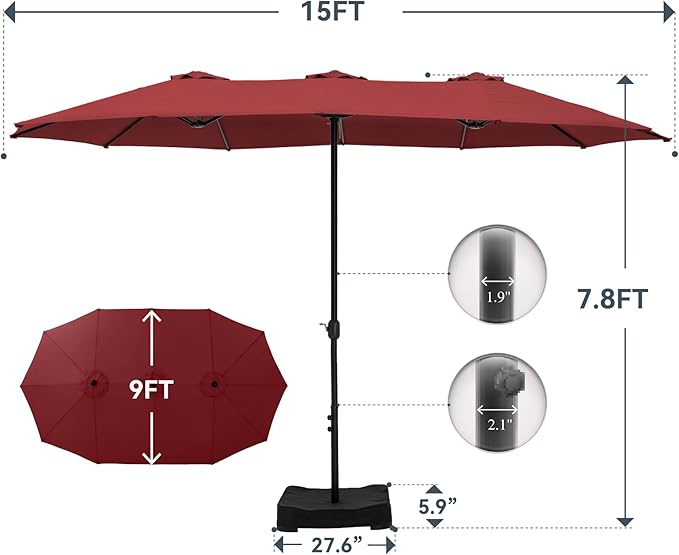 GREEN PARTY 15 ft Rectangular Patio Umbrella with Base Included, Large Double-Sided Outdoor Table Umbrella with Crank, 1.9" Pole UPF 50+ UV Resistant for Pool Deck Backyard Garden, Burgundy Red